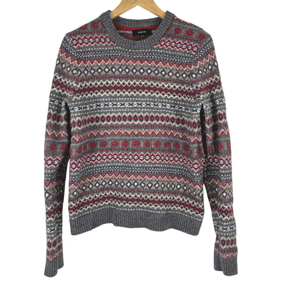 RESERVED Fair Isle Knit Sweater Mens XL Gray Red‎ Blue Wool Blend Long Sleeve